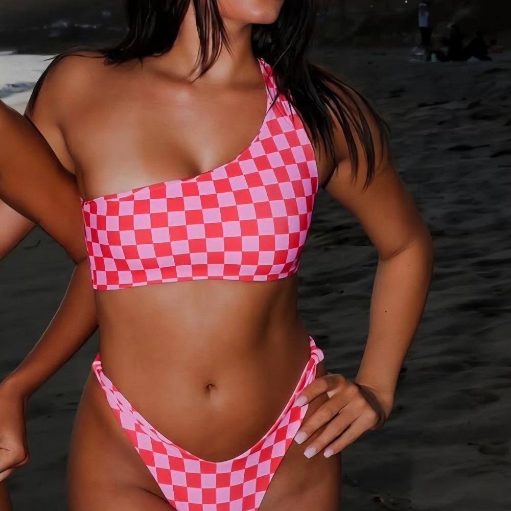 Skatie Pink and White Checkered One-Shoulder Bikini NWOT